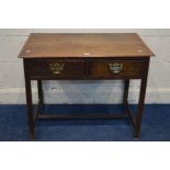 A GEORGIAN OAK SIDE TABLE, two frieze drawers with brass drop handles and pierced back plates, on