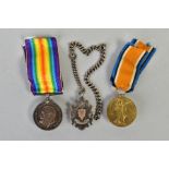 TWO WWI MEDALS AND A SILVER ALBERT CHAIN WITH FOB, a 1914-1918 WWI medal 138768 'PTE T.E. FENTON', a