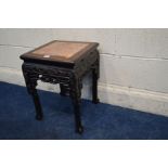 A SQUARE ORIENTAL HARDWOOD AND MARBLE TOPPED OCCASIONAL TABLE with foliate decoration, 35cm