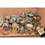 A SMALL QUANITY OF BEER STEINS, TANKARDS, etc including a modern glass stein and a kissing stein (