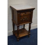 AN EARLY 20TH CENTURY FRENCH WALNUT POT CUPBOARD with a white veined marble top, single drawer and