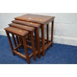 A REPRODUCTION HARDWOOD AND BRASS INLAID ANGLO INDIAN STYLE NEST OF FOUR TABLES