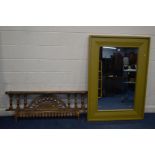 A LARGE MODERN GREEN FRAMED WALL MIRROR, 106cm x 150cm together with an Anglo Indian wall shelf,