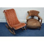 A VICTORIAN WALNUT ROCKING BEDROOM CHAIR, with buttoned velvet upholstery (sd and losses) together