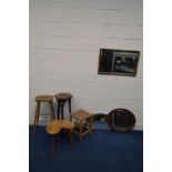 A GILT FRAMED BEVELLED EDGE WALL MIRROR, two other mirrors, together with a teak kidney shaped