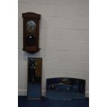 AN EARLY TO MID 20TH CENTURY OAK WALL CLOCK, approximate height 80cm (winding key and pendulum),