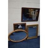 A REGENCY MAHOGANY FRAMED WALL MIRROR, with brass banding, 86cm x 61cm, together with a modern