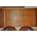 AN OAK FACED HONOURS BOARD, with gilt rose bosses to each corner, Winners of Spring Challenge Cup