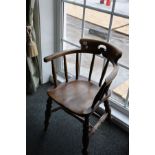 AN EARLY 20th CENTURY CAPTAINS CHAIRS, with bentwood arms and back rail and turned legs (s.d to left
