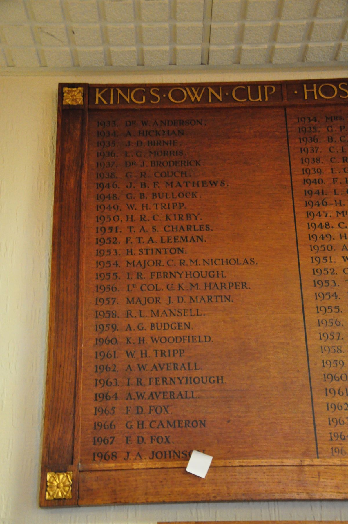 AN OAK FACED HONOURS BOARD, with gilt rose bosses to each corner, stating Kings Own cup from 1933- - Image 2 of 7