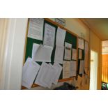 FIVE MODERN BAIZE COVERED NOTICE BOARDS, one with a beech frame 120cm x 90cm, a smaller wood