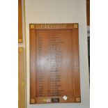 AN OAK FACED HONOURS BOARD, with gilt rose bosses to each corner with a Presentation Plaque from J.