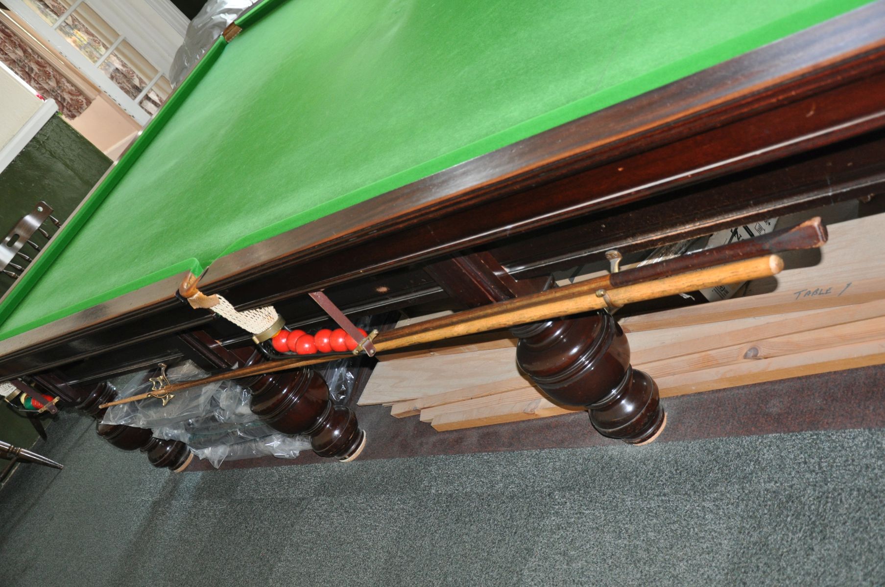 A BURROUGHES AND WATTS OF LONDON SNOOKER TABLE, with Arrowflite cushions, slate bed, a set of twenty - Image 4 of 5