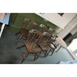 A SET OF SIX MODERN BEECHWOOD CHAIRS, and a mid Century low pub table with a Formica top, turned