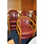 A SET OF EIGHT BEECHWOOD AND RED LEATHER CLUB CHAIRS, (some have loose joints but leather in very