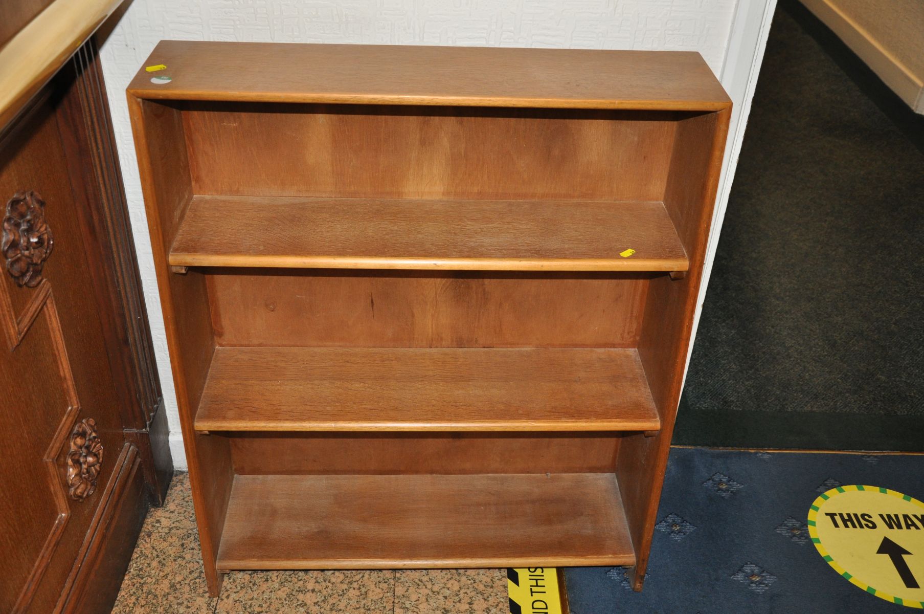 A MID CENTURY OAK BOOKCASE, 75cm wide x 23cm deep x 90cm high, a hanging card holder and a small - Image 3 of 3