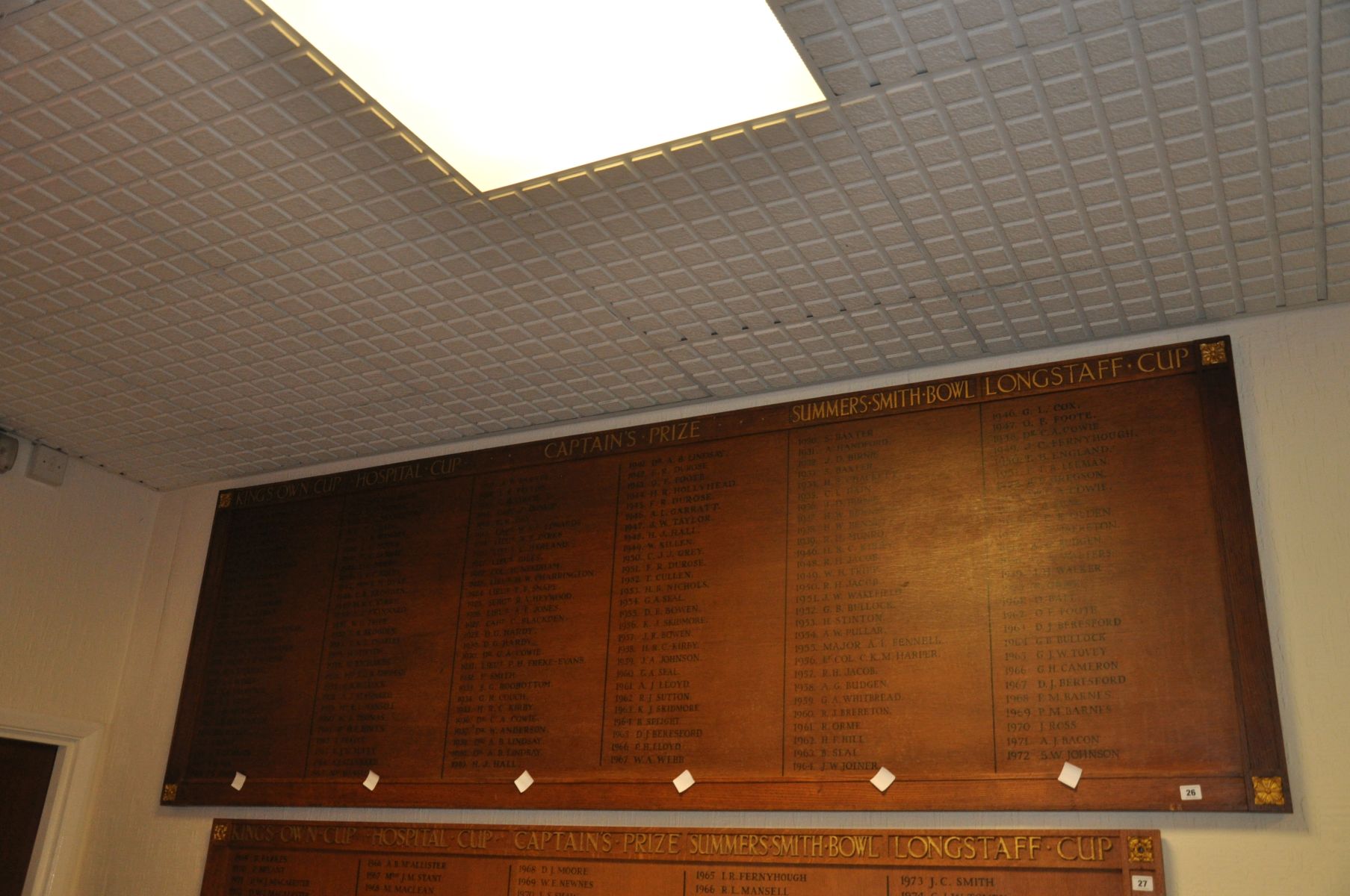 AN OAK FACED HONOURS BOARD, with gilt rose bosses to each corner, stating Kings Own cup from 1933-