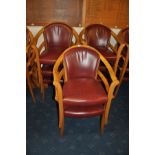 A SET OF EIGHT BEECHWOOD AND RED LEATHER CLUB CHAIRS, (some have loose joints but leather in very