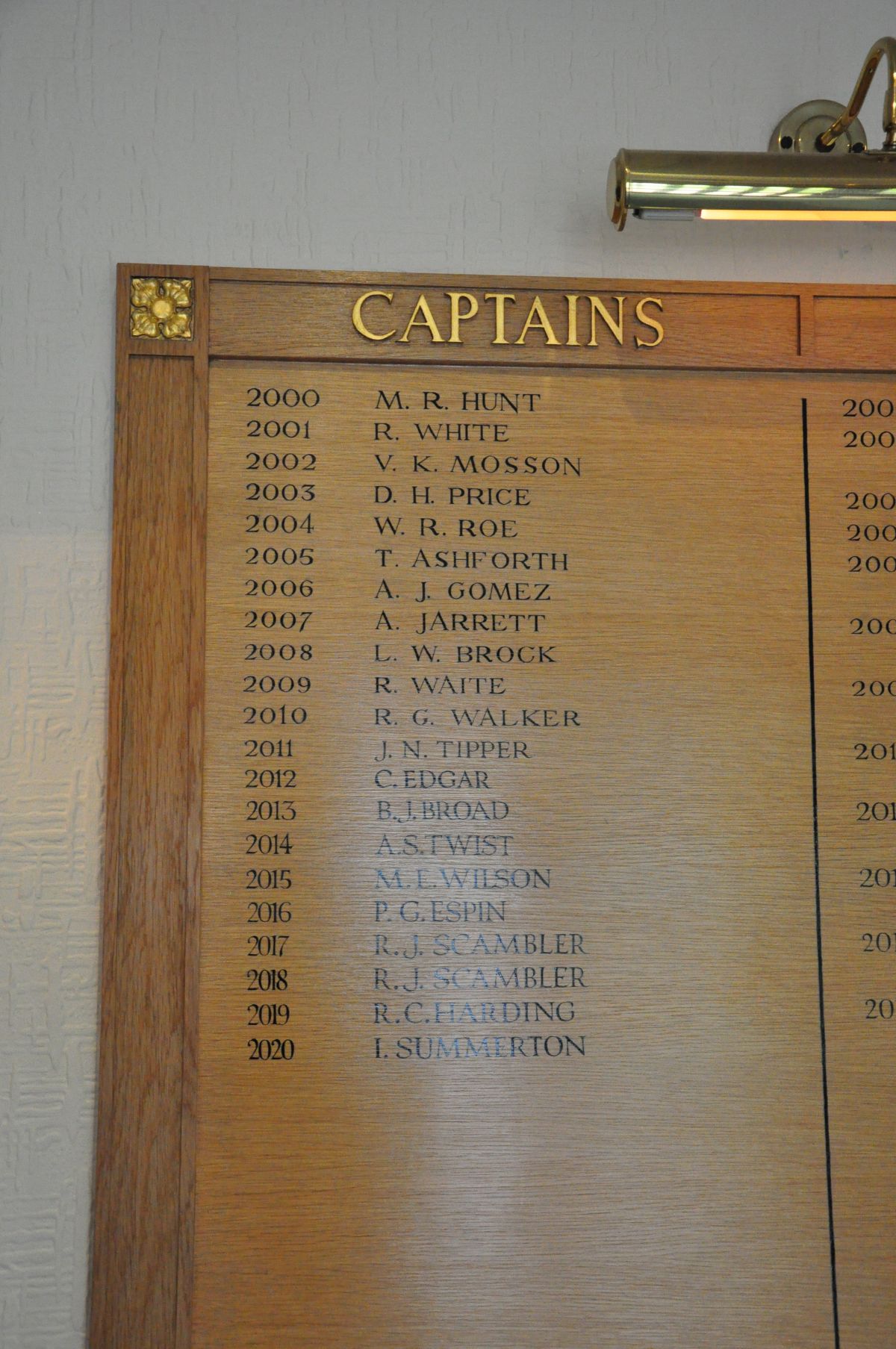 AN OAK FACED HONOURS BOARD, with gilt rose bosses to each corner, stating Club Captains, - Image 2 of 4