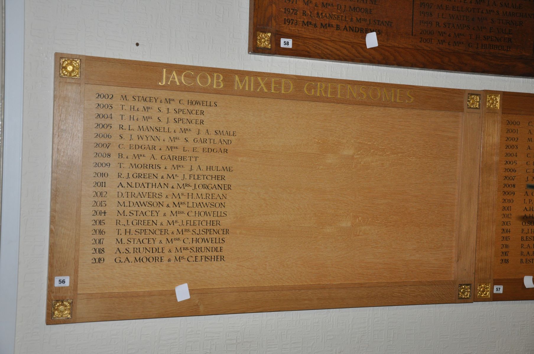 AN OAK FACED HONOURS BOARD, with gilt rose bosses to each corner, Winners of Jacob Mixed