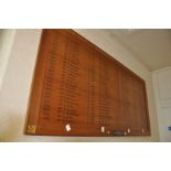 AN OAK FACED HONOURS BOARD, with gilt rose bosses to each corner, presentation plaque from Mrs E.