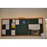AN OAK AND GREEN BAIZE NOTICE BOARD, with W.H.G.C. plaque to top, 183cm long x2cm deep x 106cm