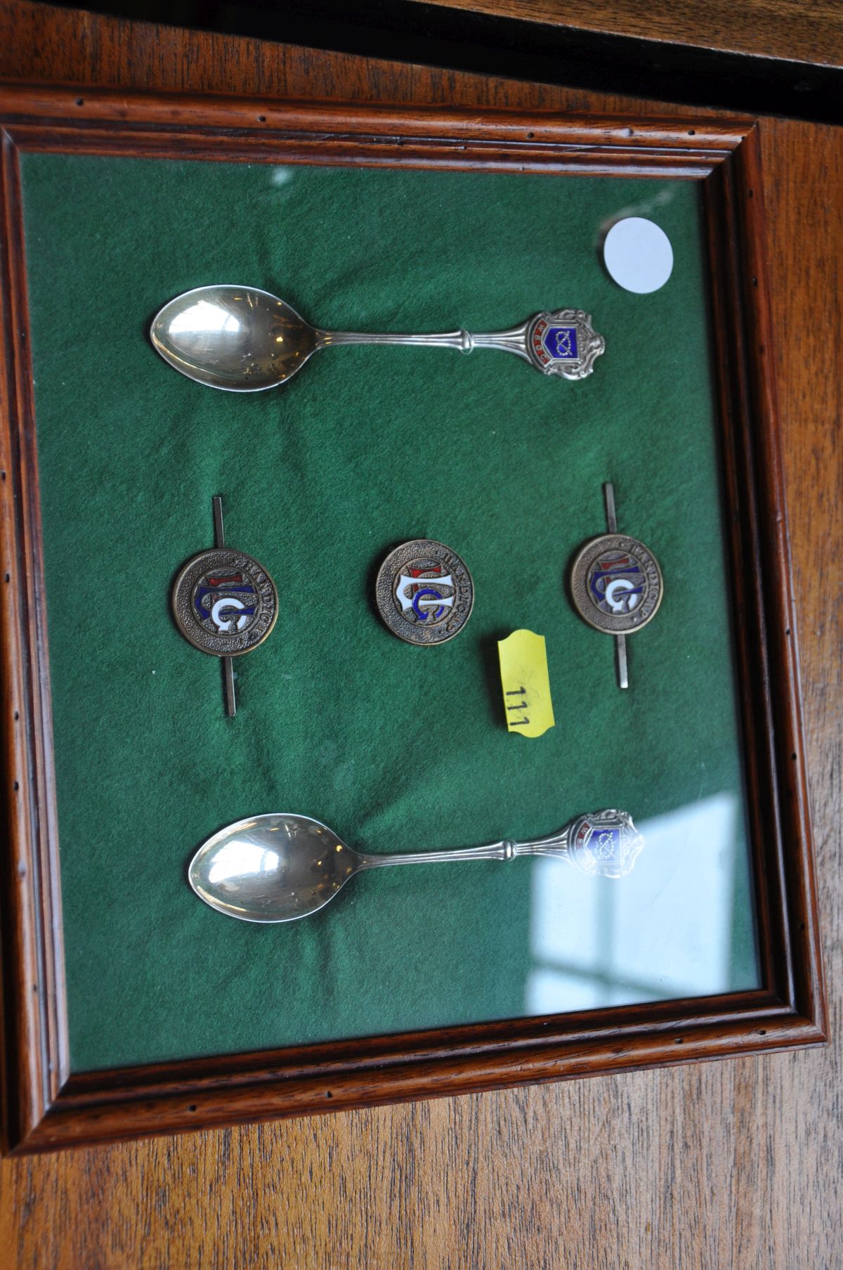 A FRAMED PAIR OF WHITTINGTON BARRACKS GOLF CLUB SPOONS, and three pins with Handicap engraved into - Image 3 of 3