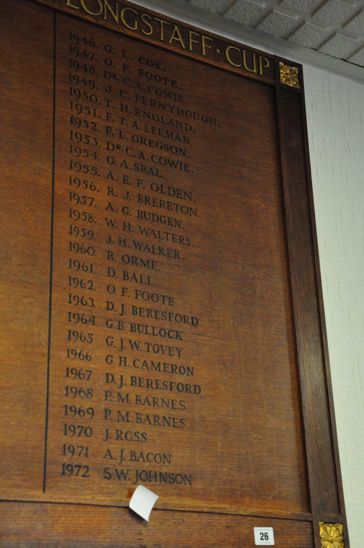 AN OAK FACED HONOURS BOARD, with gilt rose bosses to each corner, stating Kings Own cup from 1933- - Image 6 of 7