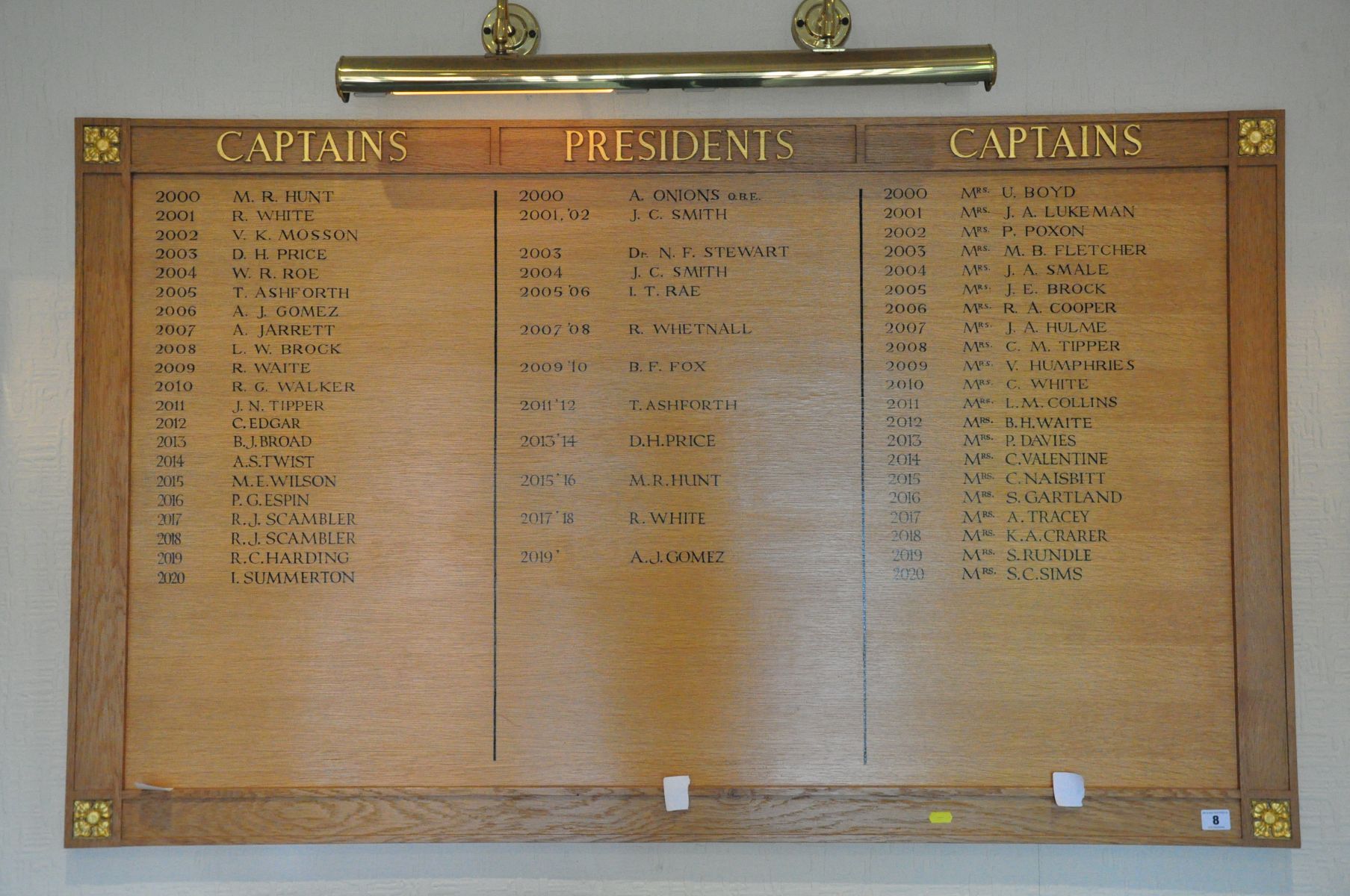 AN OAK FACED HONOURS BOARD, with gilt rose bosses to each corner, stating Club Captains,