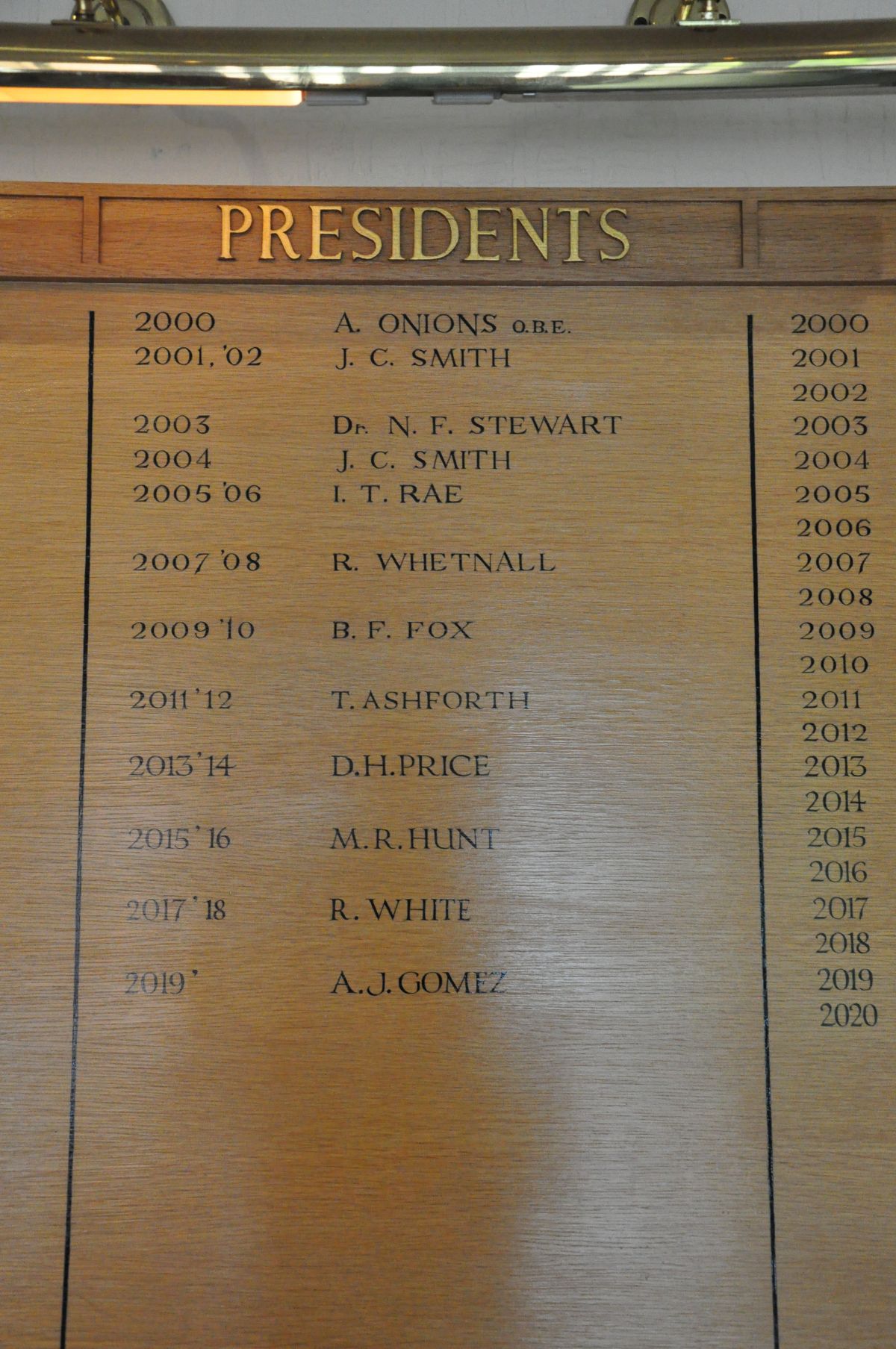 AN OAK FACED HONOURS BOARD, with gilt rose bosses to each corner, stating Club Captains, - Image 3 of 4