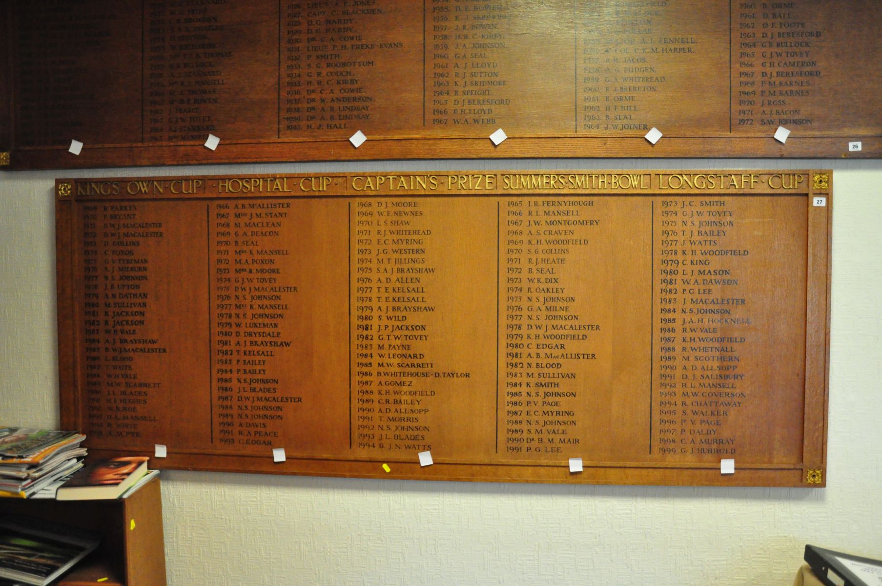 AN OAK FACED HONOURS BOARD, with gilt rose bosses to each corner, stating Kings Own Cup from 1969-