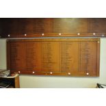 AN OAK FACED HONOURS BOARD, with gilt rose bosses to each corner, stating Kings Own Cup from 1969-