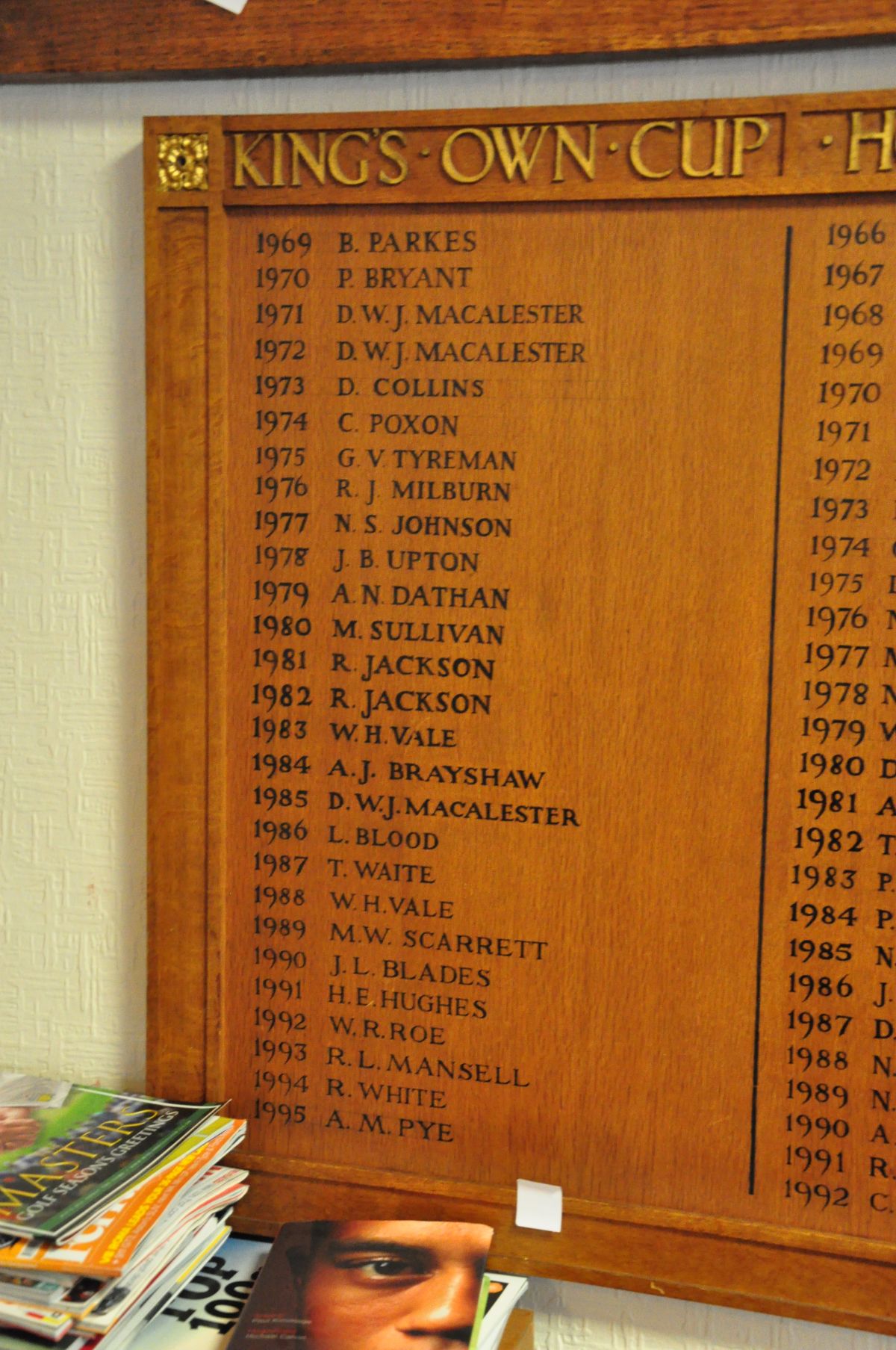 AN OAK FACED HONOURS BOARD, with gilt rose bosses to each corner, stating Kings Own Cup from 1969- - Image 2 of 6
