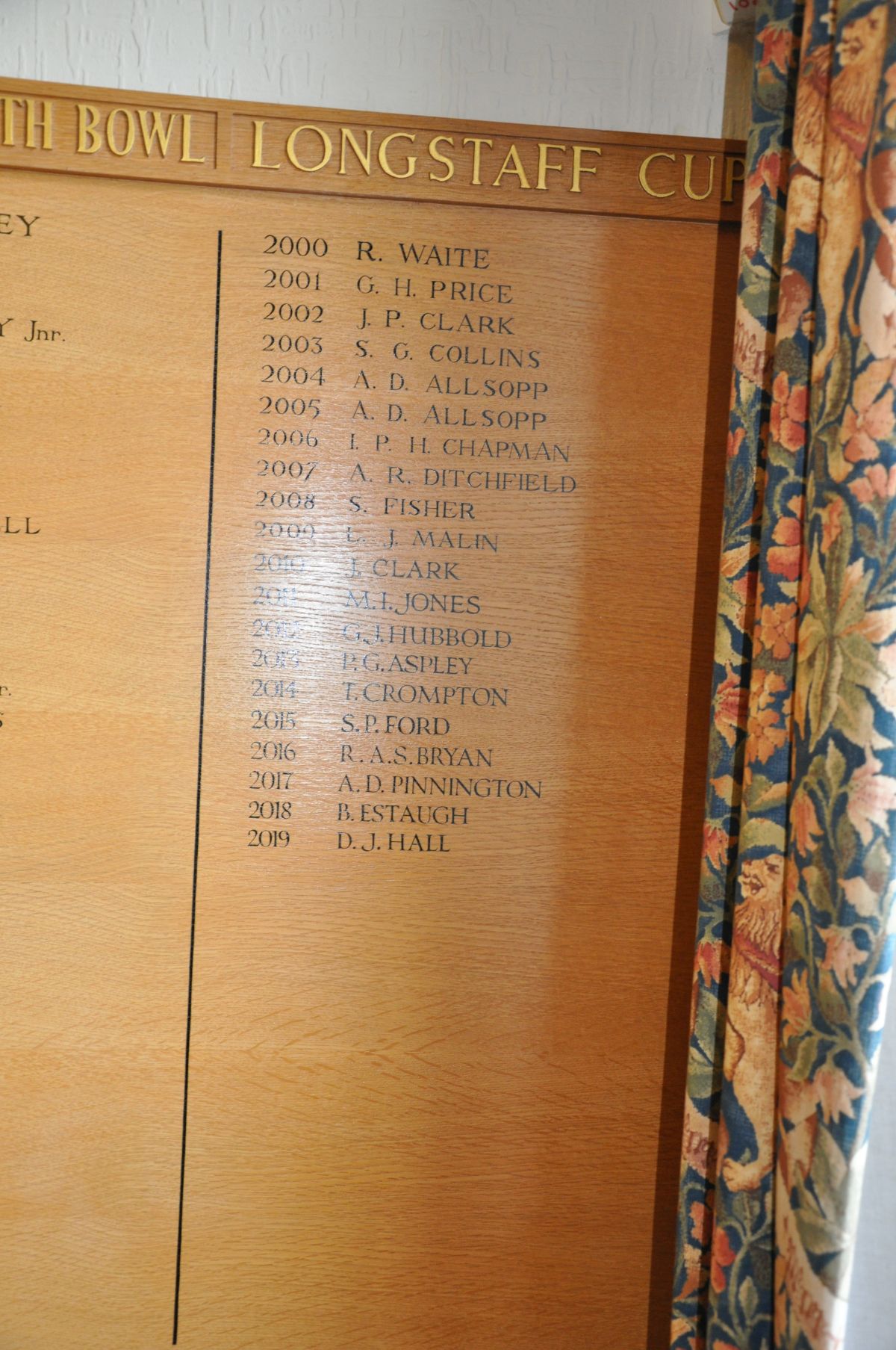 AN OAK FACED HONOURS BOARD, with gilt rose bosses to each corner, stating Kings Own Cup from 1996- - Image 4 of 6
