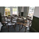 A SET OF EIGHT MODERN BEECHWOOD CHAIRS, and a mid century low pub table with a Formica top, turned