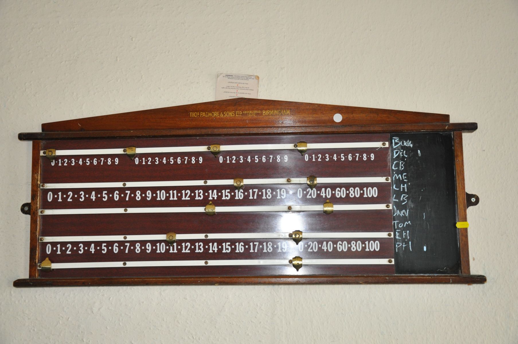 A THOMAS PADMORE AND SONS OF BIRMINGHAM EARLY 20TH CENTURY SNOOKER SCORE BOARD, with a later