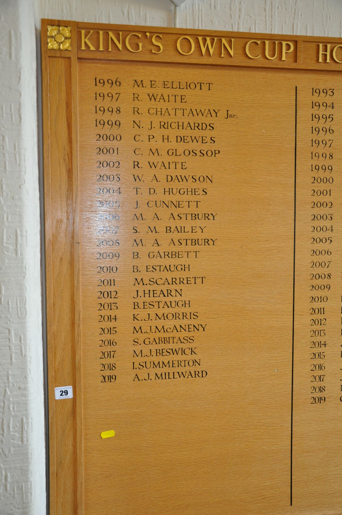 AN OAK FACED HONOURS BOARD, with gilt rose bosses to each corner, stating Kings Own Cup from 1996- - Image 2 of 6