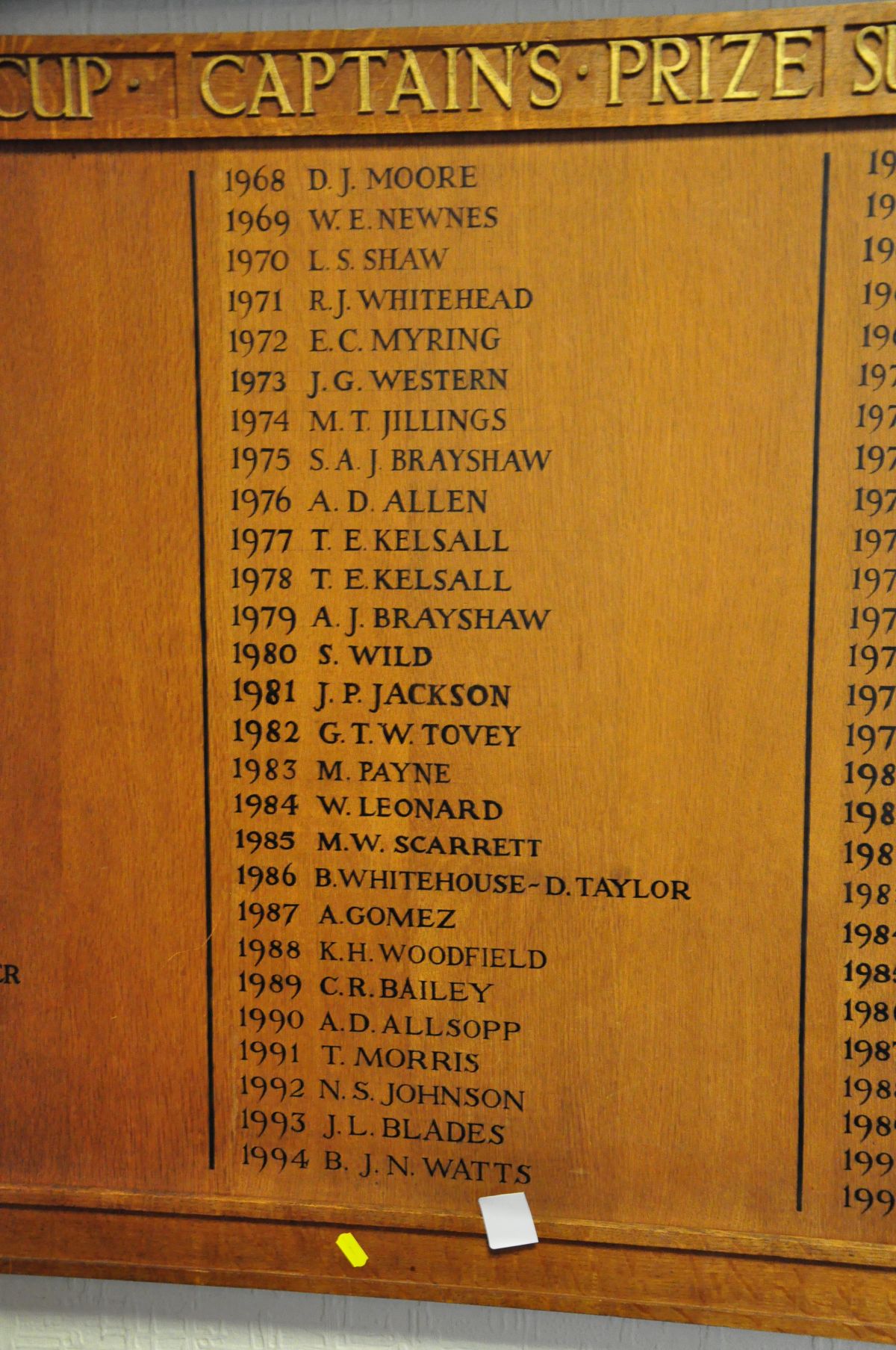 AN OAK FACED HONOURS BOARD, with gilt rose bosses to each corner, stating Kings Own Cup from 1969- - Image 6 of 6