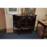 AN EDWARDIAN MAHOGANY CHIFFONIER BASE, with two carved cabriole leg to front, a glazed central