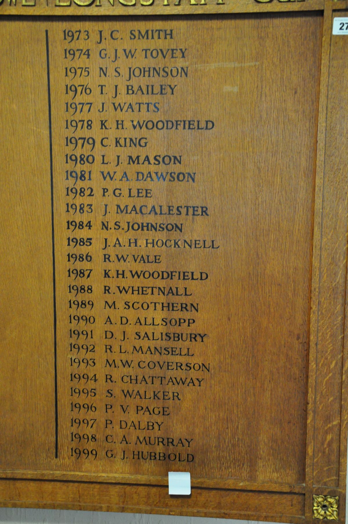 AN OAK FACED HONOURS BOARD, with gilt rose bosses to each corner, stating Kings Own Cup from 1969- - Image 4 of 6