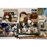 FOUR BOXES AND LOOSE MISCELLANEOUS ITEMS including ceramics, clocks, metalware, treen, smokers
