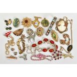 A SMALL SELECTION OF COSTUME JEWELLERY, to include items such as a micro mosaic brooch, a micro