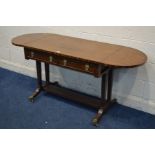 A REPORDUCTION MAHOGANY AND CROSSBANDED SOFA TABLE, with rounded drop ends, two frieze drawers, twin