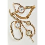 FOUR LADY'S GOLD WRISTWATCHES, one with a white dial roman numerals with subsidiary dial at 6 o'