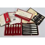 FIVE CASES OF SILVER CUTLERY/FLATWARE, comprising a set of six mother of pearl pistol handled tea