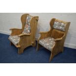 A PAIR OF EARLY 20TH CENTURY ELM AND OAK ARTS AND CRAFTS LADIES AND GENTS ARMCHAIRS, with Morris and