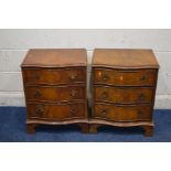 A PAIR OF REPRODUCTION BURR WALNUT SERPENTINE THREE DRAWER BEDSIDE CABINETS on bracket feet, width