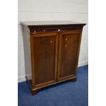 A GEORGIAN MAHOGANY DOUBLE DOOR GENTLEMANS DWARF CUPBOARD, with raised panels, enclosing later hooks
