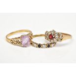 THREE 9CT GOLD GEM SET RINGS, the first designed with a central oval cut amethyst, openwork
