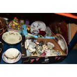TWO BOXES OF CERAMICS AND LOOSE etc, to include Minton trinket dishes, Royal Worcester 'Time'